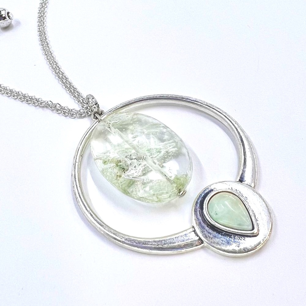 New / Handcrafted - Green Glass Bead Pendant 16” Silver Tone 2 Strand Necklace